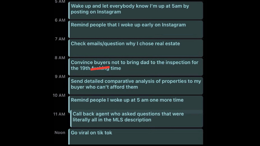 Timeline of hourly tasks from 5 AM to noon, detailing social posts, emails, and client outreach for real estate. (to-do list)