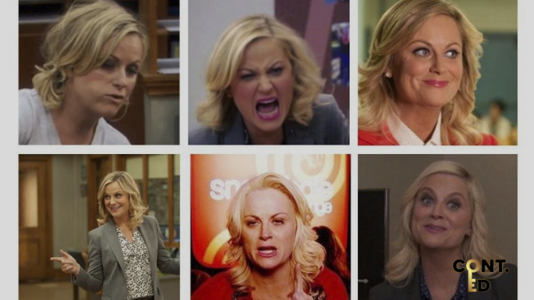 Top-left panel: blonde woman with short wavy hair looking down with a neutral expression.