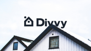 Divvy logo over a white, snow-topped house, branding for a home rental service