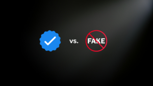 Blue verification badge with a white checkmark facing a red circled 'FAKE' symbol on a dark gradient background, signaling authentic vs fake.