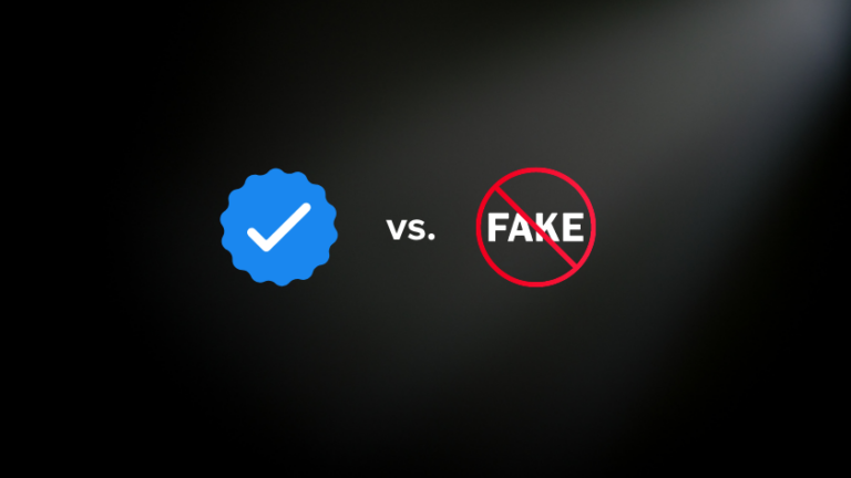 Blue verification badge with a white checkmark facing a red circled 'FAKE' symbol on a dark gradient background, signaling authentic vs fake.