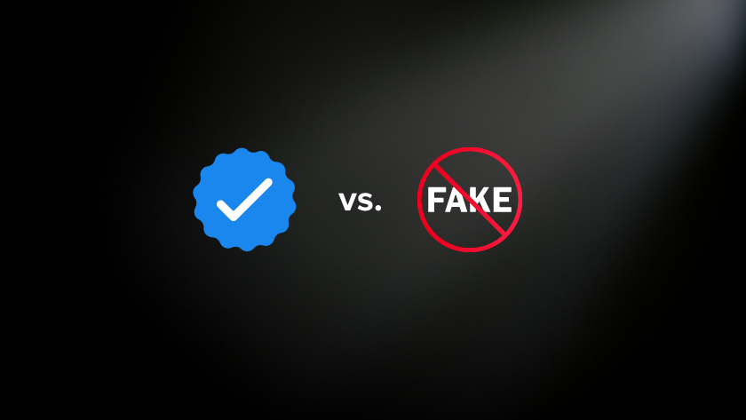 Blue verification badge with a white checkmark facing a red circled 'FAKE' symbol on a dark gradient background, signaling authentic vs fake.