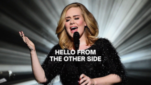 Singer performing on a stage at a microphone, wearing a sparkly black outfit; text overlay reads 'HELLO FROM THE OTHER SIDE'.