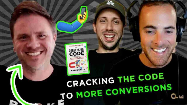 Thumbnail with three men smiling against a dark striped background; includes a book cover titled 'Conversion Code' and bold neon-green text 'Cracking the Code to More Conversions'.