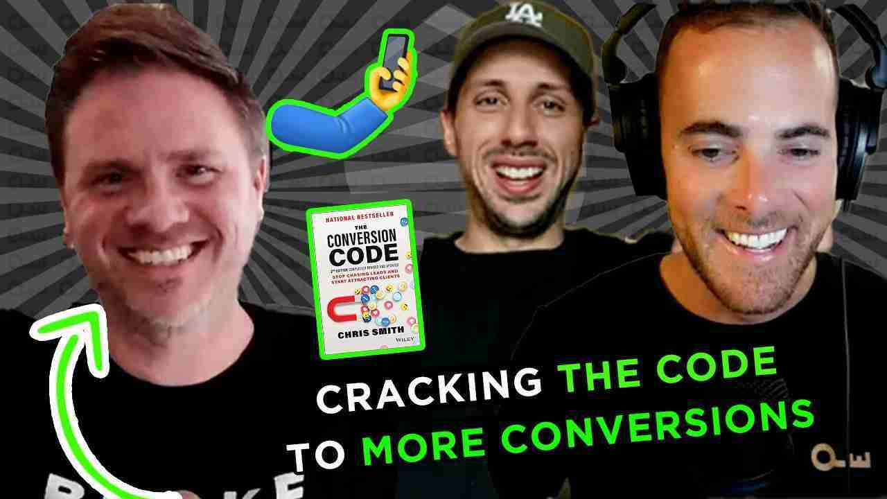 Thumbnail with three men smiling against a dark striped background; includes a book cover titled 'Conversion Code' and bold neon-green text 'Cracking the Code to More Conversions'.