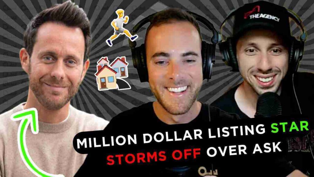 Three men wearing headphones in a podcast thumbnail; bold text reads 'Million Dollar Listing Star Storms Off Over Ask' indicating real estate drama.