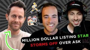Three men wearing headphones in a podcast thumbnail; bold text reads 'Million Dollar Listing Star Storms Off Over Ask' indicating real estate drama.