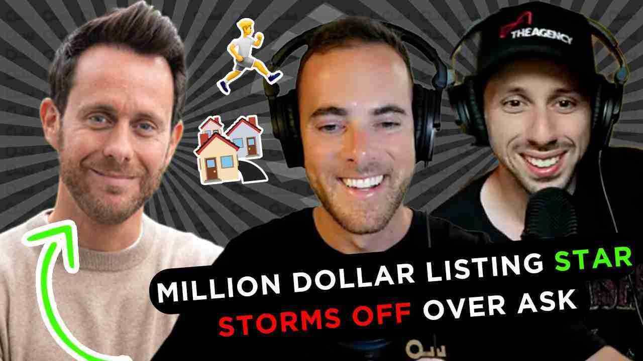 Three men wearing headphones in a podcast thumbnail; bold text reads 'Million Dollar Listing Star Storms Off Over Ask' indicating real estate drama.