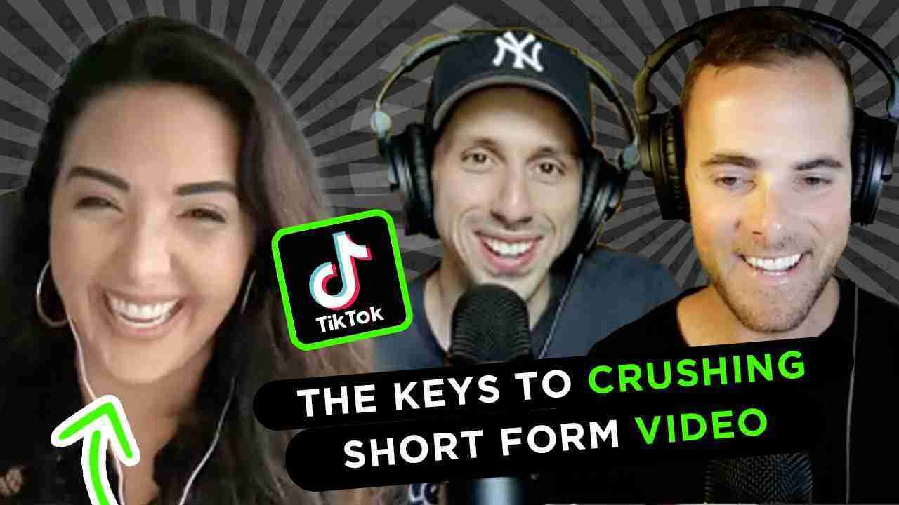 Three smiling hosts with headphones pose in a thumbnail featuring the TikTok logo and bold text about short-form video strategies.