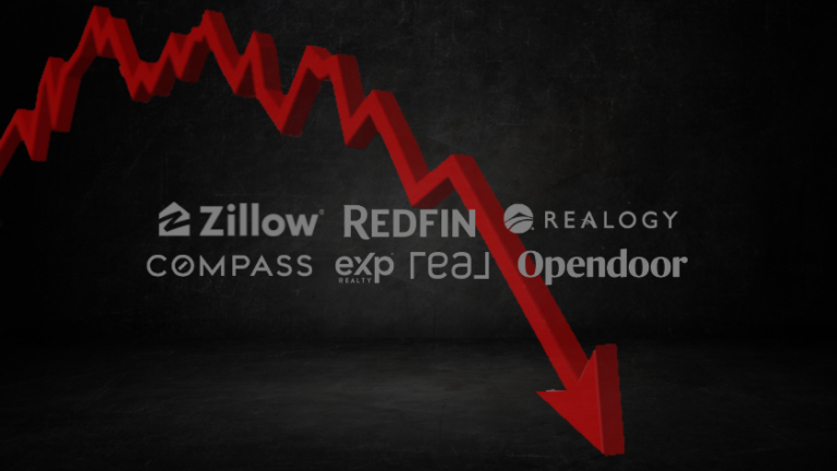Red downward-trending arrow cutting across a dark background with real estate portal logos, implying a market decline.