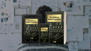 Tablet, smartphone, and book display the cover of 'The Shifting Market Playbook' with chalkboard strategy diagrams in the background.