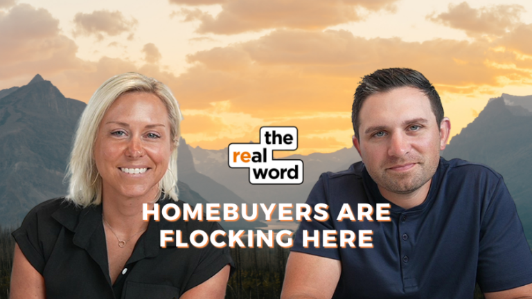 Podcast cover: two hosts sit at sunset with a mountain backdrop; overlaid text reads 'Homebuyers are flocking here' and the 'the real word' logo appears above.