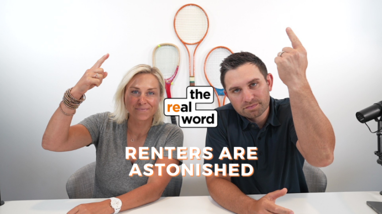 Two people sit at a studio desk, each raising a middle finger; bold caption reads “RENTERS ARE ASTONISHED” with the “the real word” logo nearby.