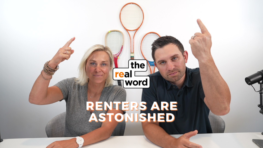 Two people sit at a studio desk, each raising a middle finger; bold caption reads “RENTERS ARE ASTONISHED” with the “the real word” logo nearby.