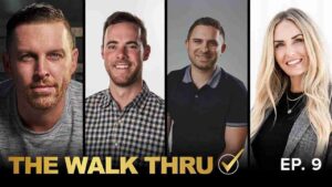 Podcast thumbnail featuring four smiling hosts in a vertical split collage, with gold title text 'THE WALK THRU' and 'EP. 9' on the bottom corner.