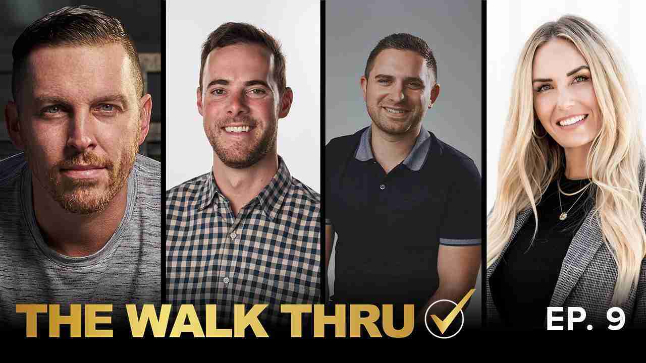 Podcast thumbnail featuring four smiling hosts in a vertical split collage, with gold title text 'THE WALK THRU' and 'EP. 9' on the bottom corner.