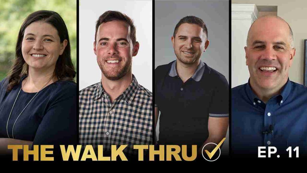 Thumbnail for a video titled 'The Walk Thru' showing four people in a split-panel collage, all smiling; Episode 11 is indicated on the right.