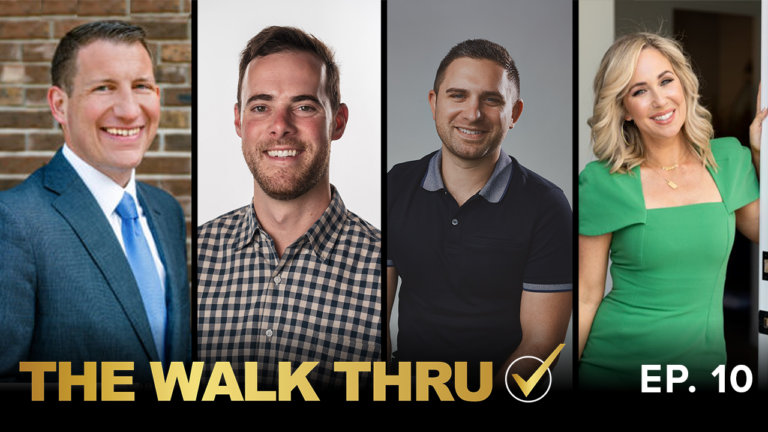 Podcast cover with four smiling hosts in separate panels: blue-suited man, plaid-shirt man, black-polo man, and woman in green dress; gold title THE WALK THRU and EP. 10 with a checkmark icon.