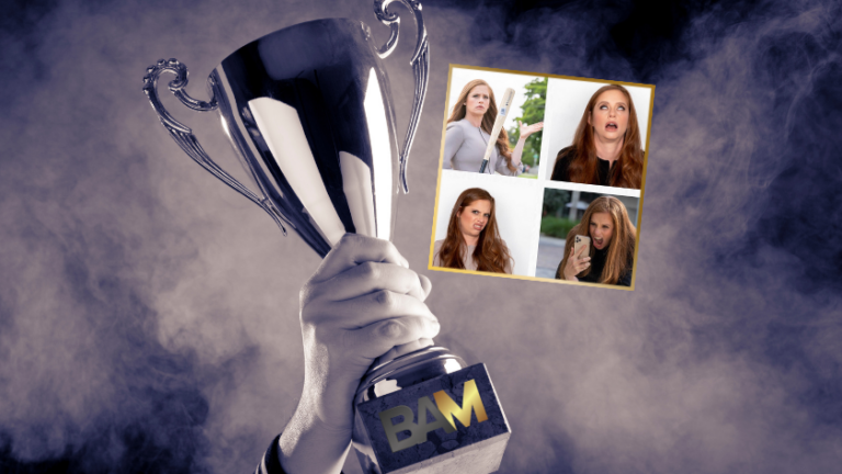 A hand raises a silver trophy with a 'BAM' base; a photo collage of a woman showing four different expressions on the side.