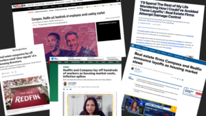 Collage of news screenshots about Compass and Redfin layoffs in housing market slowdown.