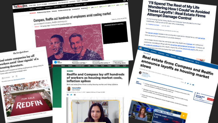 Collage of news screenshots about Compass and Redfin layoffs in housing market slowdown.