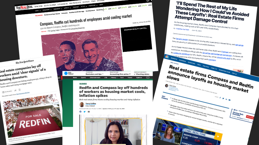 Collage of news screenshots about Compass and Redfin layoffs in housing market slowdown.