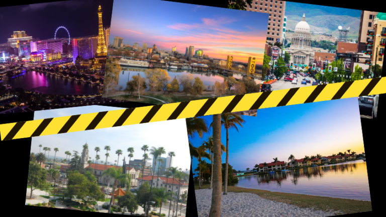 Collage of cityscapes and a beach scene with diagonal yellow-black caution tape across the middle.