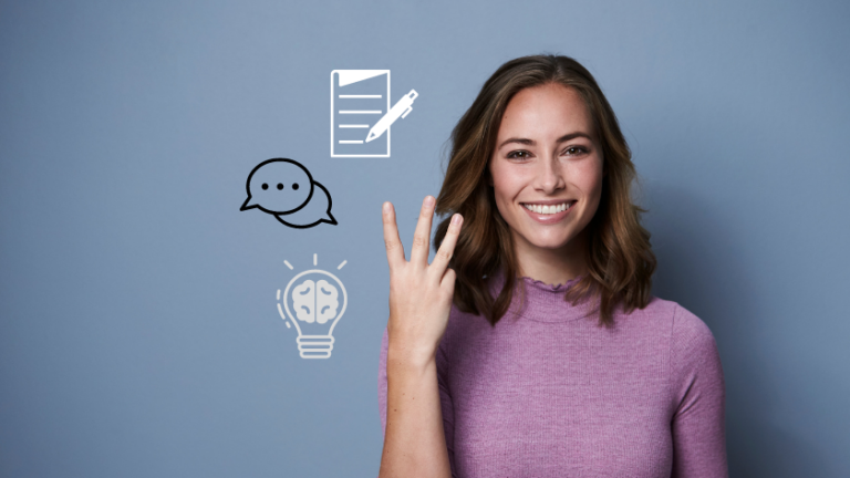 Smiling woman with a purple top; floating icons show a document with a pencil, chat bubbles, and a lightbulb representing ideas and communication.