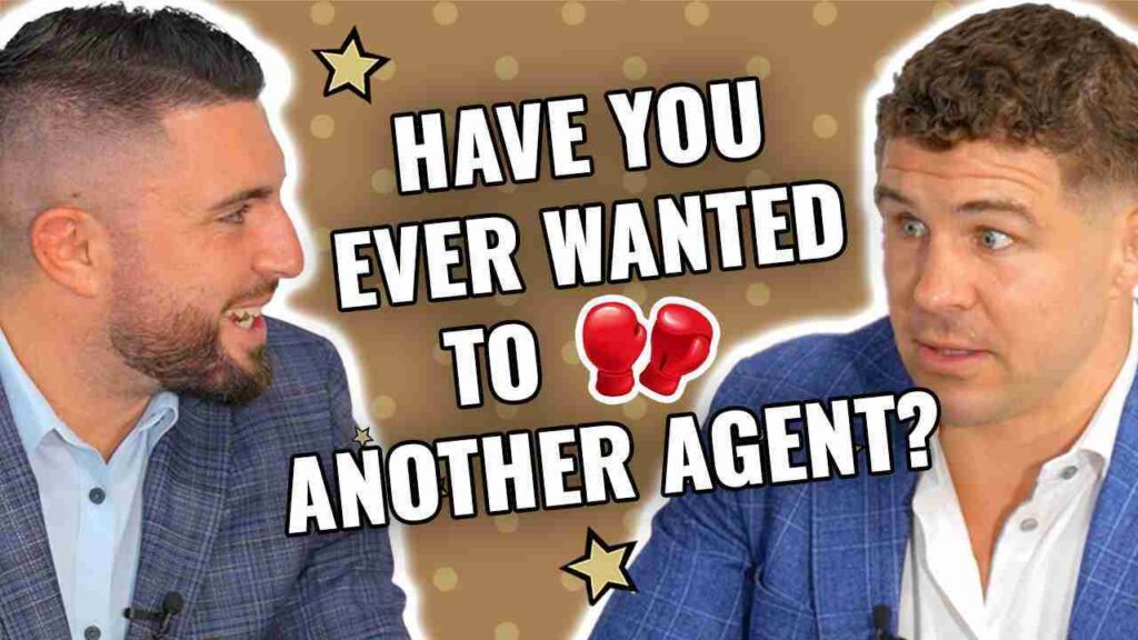 Two men in business suits facing each other on a brown background, with bold text asking if you ever wanted to switch agents (boxing emoji between words).