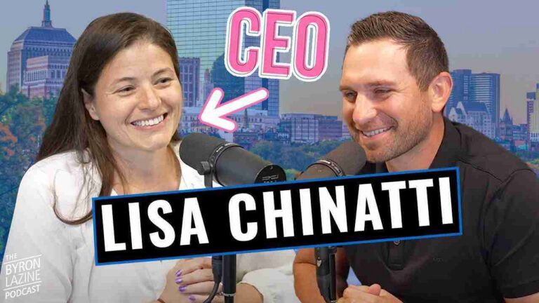 Two podcast hosts smile into microphones during an interview, with a bold banner showing a female CEO as the guest. The Byron Lazine Podcast branding is visible.