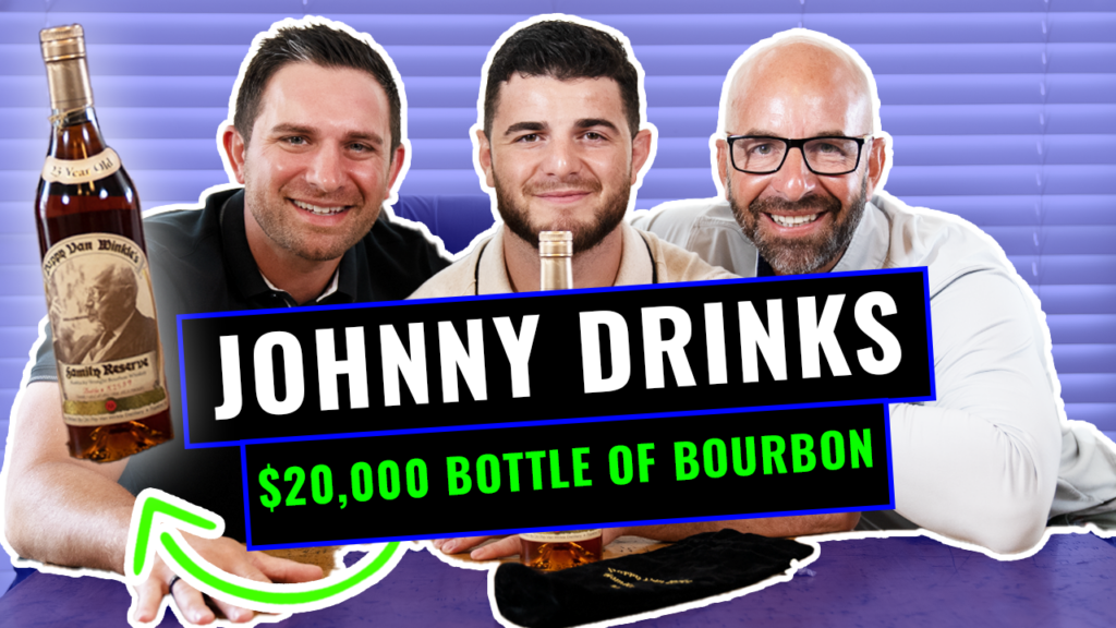 Three men pose with a whiskey bottle as bold text says JOHNNY DRINKS and below it $20,000 BOTTLE OF BOURBON.