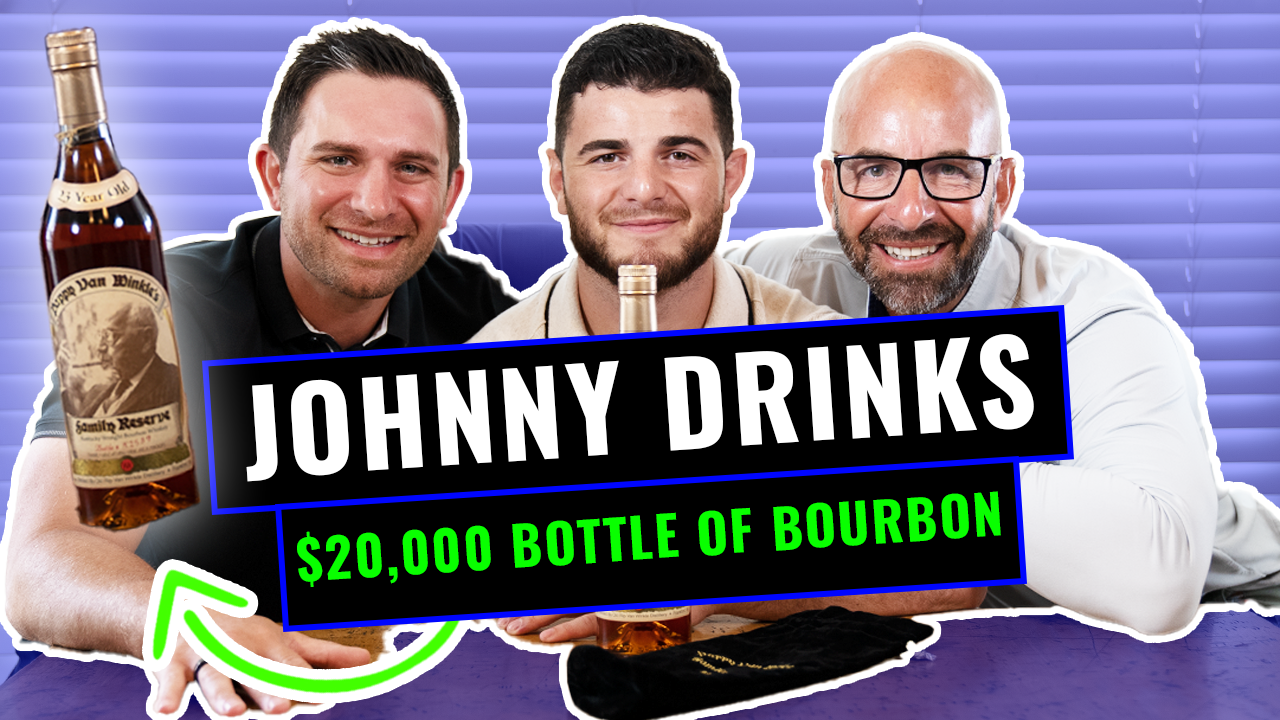 Three men pose with a whiskey bottle as bold text says JOHNNY DRINKS and below it $20,000 BOTTLE OF BOURBON.