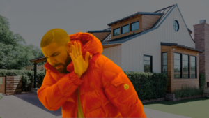 Man in an orange puffer jacket making a dismissive gesture in front of a modern house.