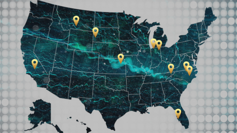 Stylized map of the United States with yellow location pins marking key points across the country.