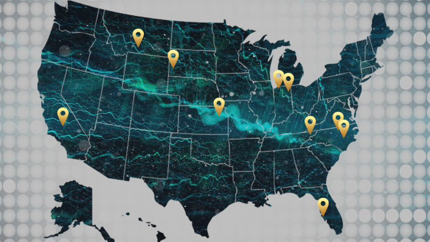 Stylized map of the United States with yellow location pins marking key points across the country.