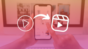 Hands holding a smartphone with a video gallery, arrow pointing to a reel icon—illustrating converting video to a reel.