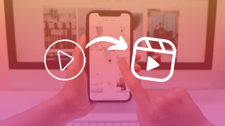 Hands holding a smartphone with a video gallery, arrow pointing to a reel icon—illustrating converting video to a reel.