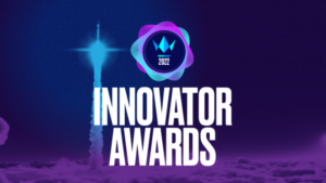 Innovator Awards 2022 branding with a rocket silhouette and abstract logo on a purple space background.