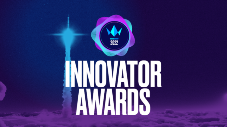 Innovator Awards 2022 branding with a rocket silhouette and abstract logo on a purple space background.