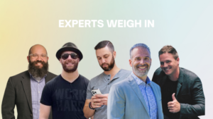 Five diverse men posing together under the title 'EXPERTS WEIGH IN'; one man looks at a smartphone while others smile.