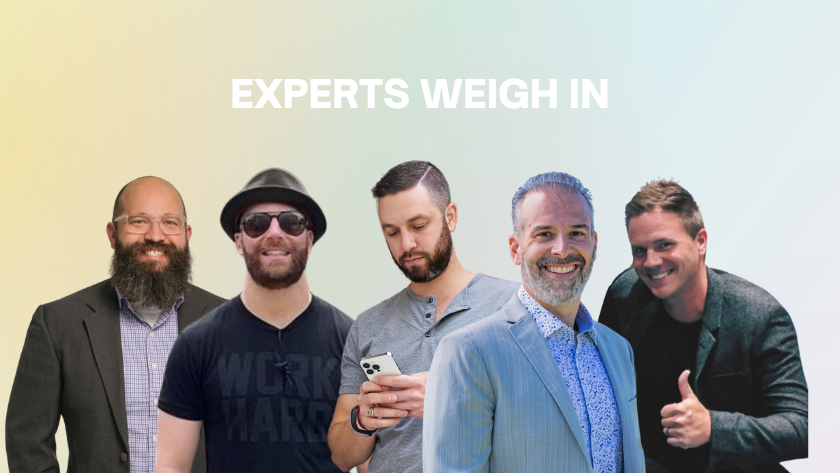 Five diverse men posing together under the title 'EXPERTS WEIGH IN'; one man looks at a smartphone while others smile.
