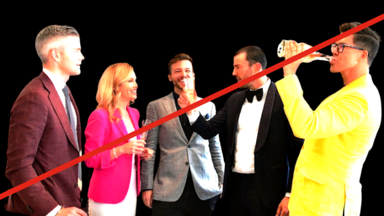 Five professionally dressed people are toasting with drinks, with a red diagonal 'no' slash across the image.