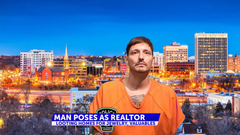 News broadcast image showing a man in an orange jumpsuit in front of a city skyline; headline reads 'Man Poses as Realtor' with a subcaption about looting homes for jewelry and valuables.