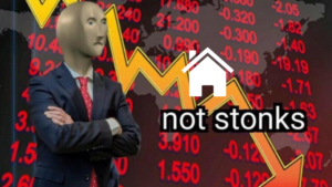 Silhouette of a suited mannequin with arms crossed in front of a red stockmarket backdrop and a descending yellow chart; overlay shows a white house icon and the caption 'not stonks' — a meme about stocks.