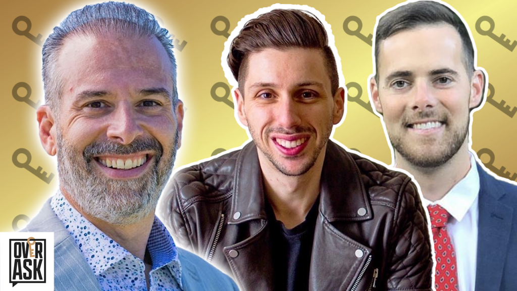 Three smiling men posing together for a thumbnail with a gold gradient background and a repeating key motif; OverAsk logo in the bottom-left corner.