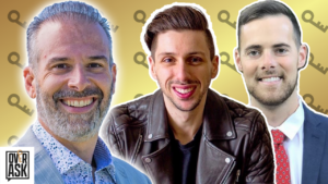 Three smiling men posing together for a thumbnail with a gold gradient background and a repeating key motif; OverAsk logo in the bottom-left corner.