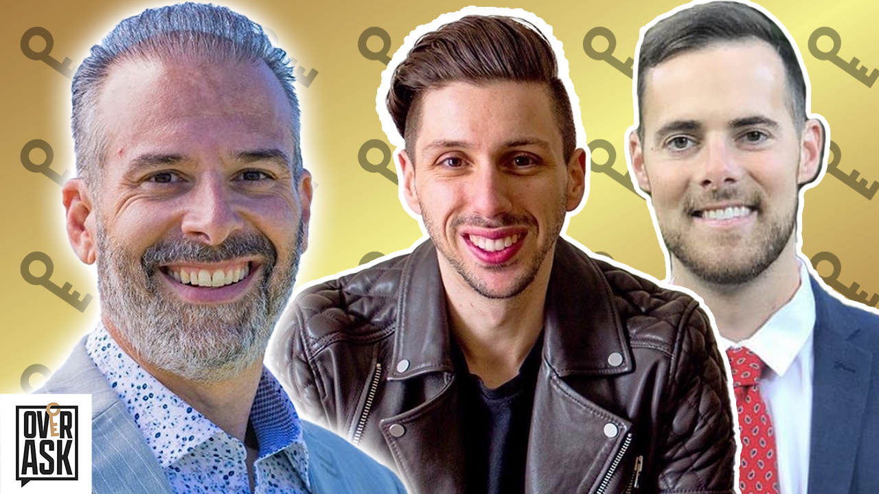 Three smiling men posing together for a thumbnail with a gold gradient background and a repeating key motif; OverAsk logo in the bottom-left corner.