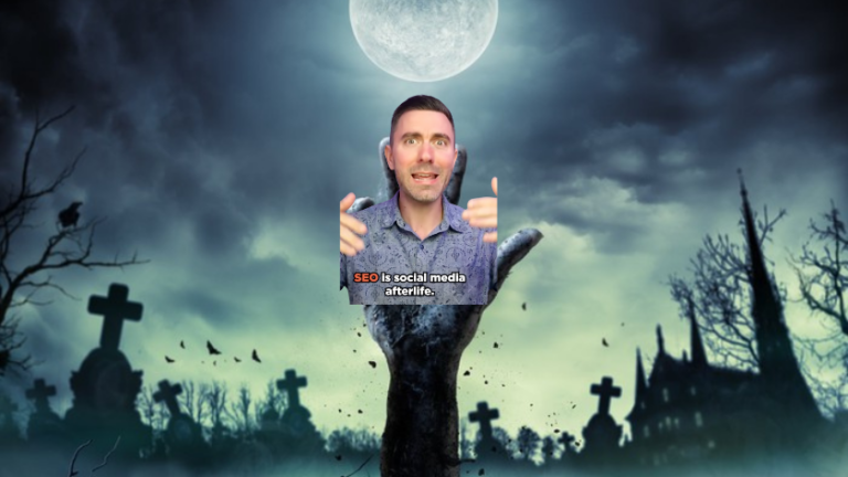 Meme image of a skeletal hand rising from a graveyard at night, holding a photo of a man with the caption 'SEO is social media afterlife'.