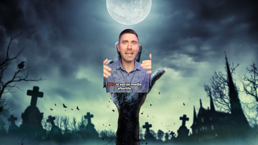 Meme image of a skeletal hand rising from a graveyard at night, holding a photo of a man with the caption 'SEO is social media afterlife'.