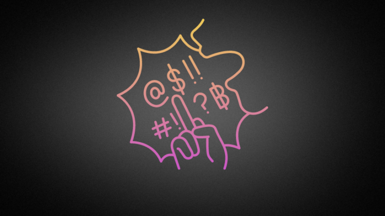 Gradient line drawing of a raised middle finger inside a jagged burst, signaling a rude insult.